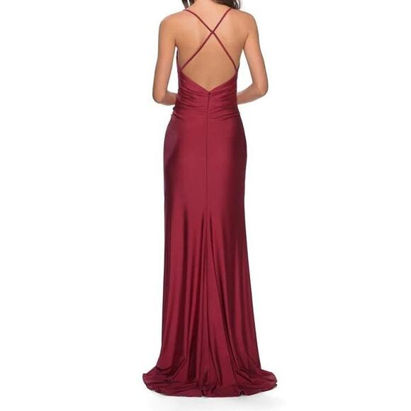 La Femme 28206 Long Crisscross Strapped High Slit Sheath Gown in Burgundy - Picture 3 of 8